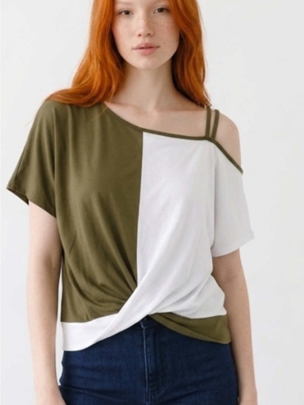 Olive Green and White Asymmetric Off-Shoulder Twist Tee